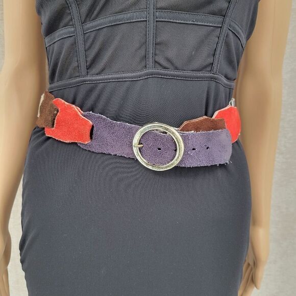 Vintage Multi Color Suede Link Belt with Silver Toned Buckle Brown Red Purple - Picture 2 of 10